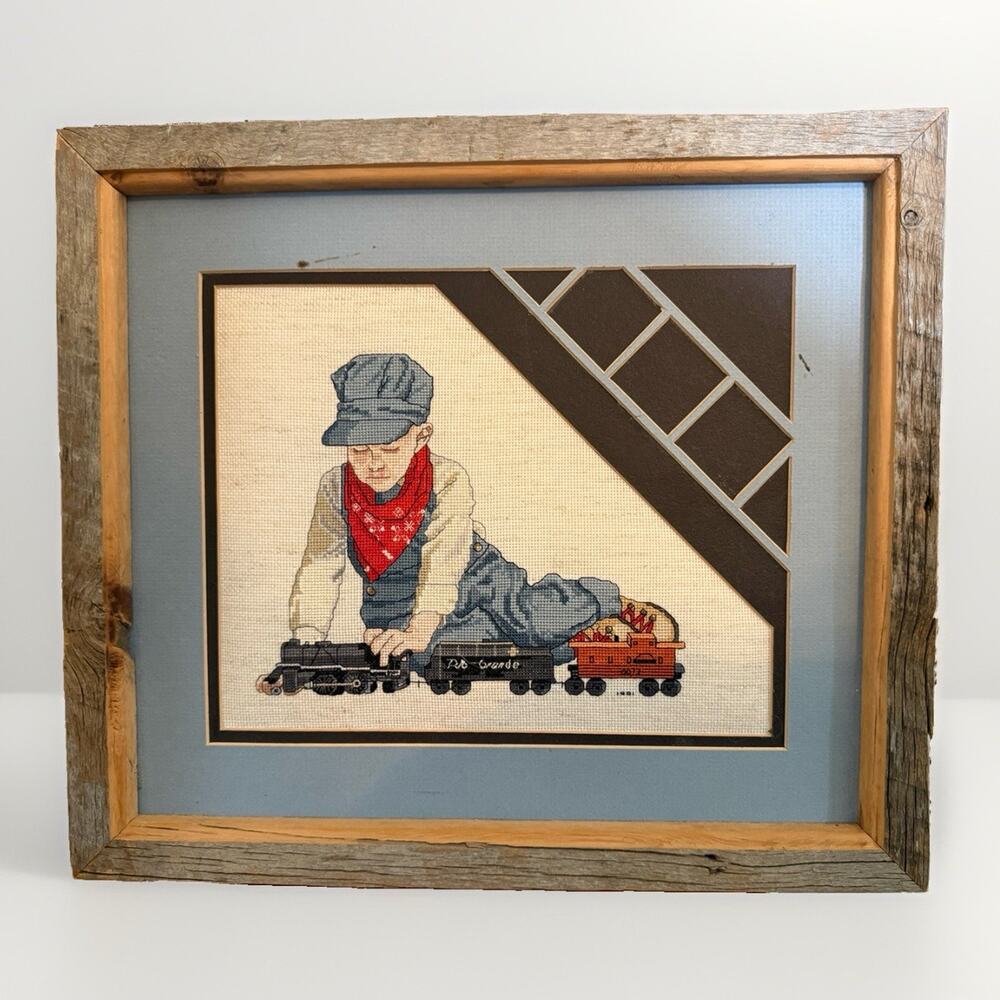 Vintage Rustic Framed Boy Playing With Train Cross Stitch Complete 13.5x15”